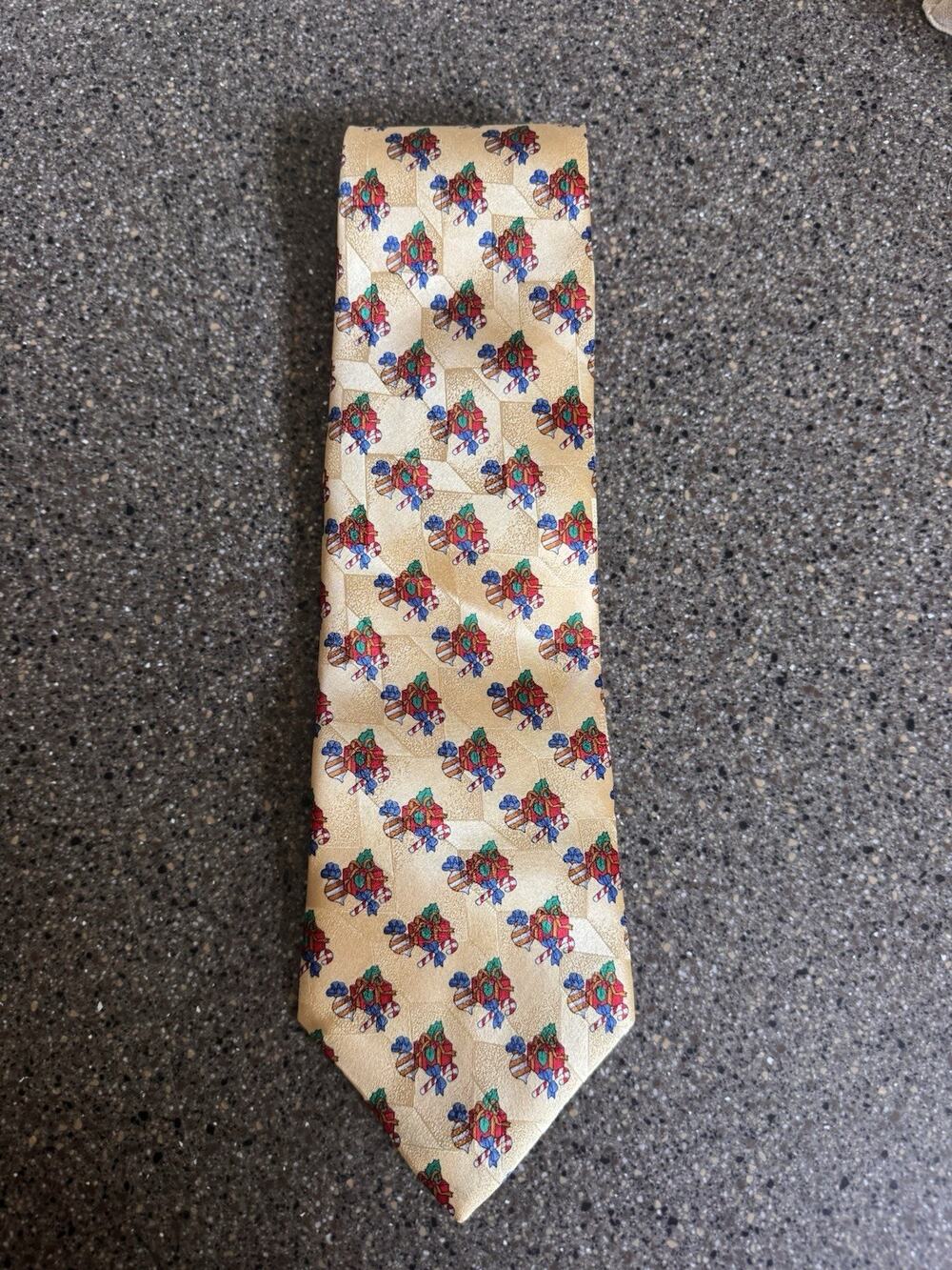 Vintage John Hill Executive Collection 100% Silk Christmas Tie Holiday Gift Gold